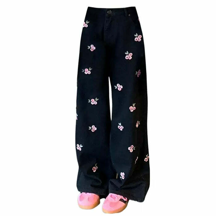 Y2K Aesthetic Pink Rose Embroidery Wide Leg Pants for Trendy Outfits