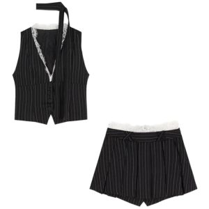 Y2K Aesthetic Pinstripe Power Skirt Set for Chic Coquette Style