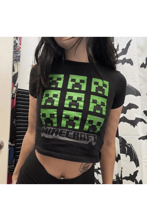 Y2K Aesthetic Pixel Creeper Crop Top for Cute Grunge Outfits