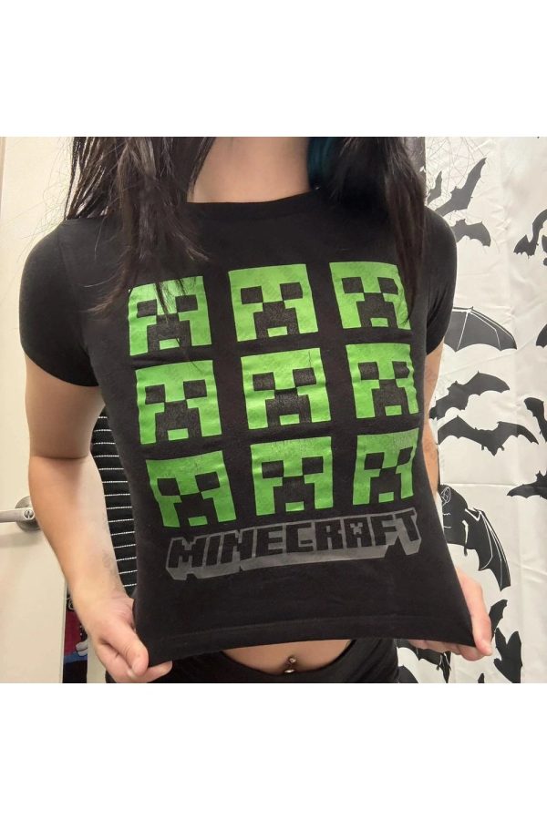 Y2K Aesthetic Pixel Creeper Crop Top for Cute Grunge Outfits