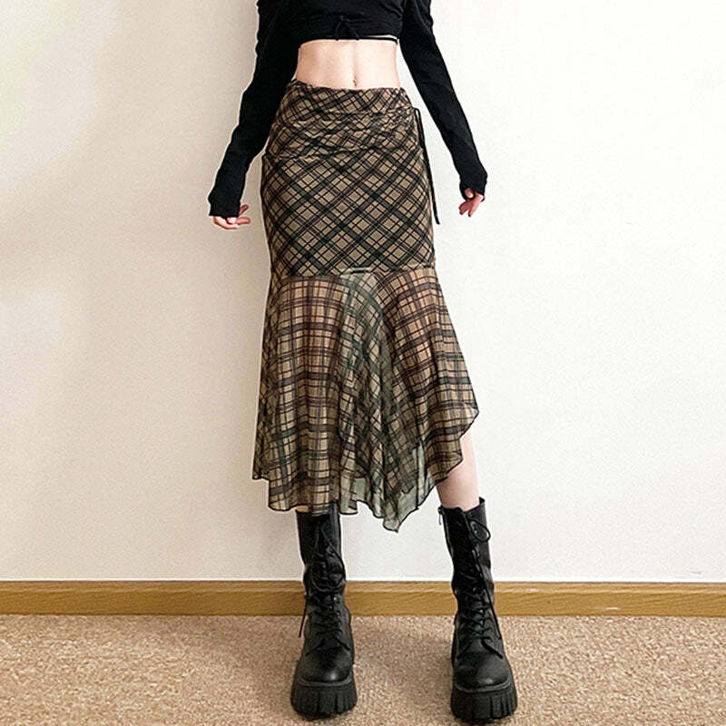 Y2K Aesthetic Plaid Asymmetrical Mesh Skirt for Trendy Outfits