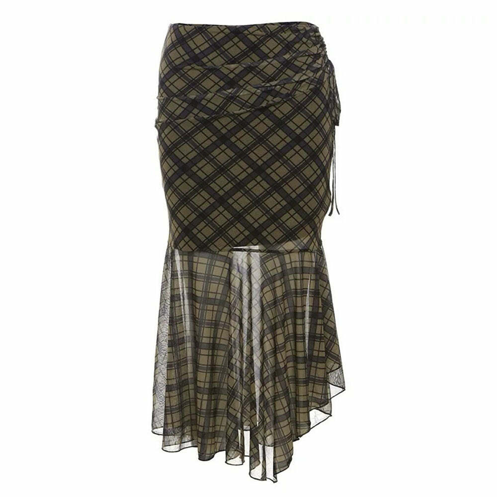 Y2K Aesthetic Plaid Asymmetrical Mesh Skirt for Trendy Outfits