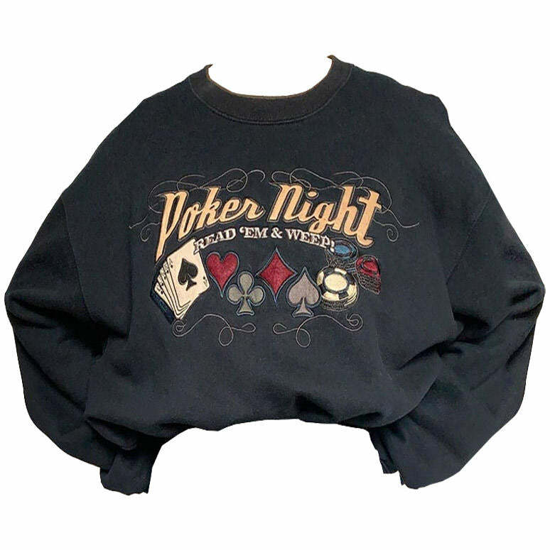 Y2K Aesthetic Poker Night Embroidered Hoodie for Cozy Style