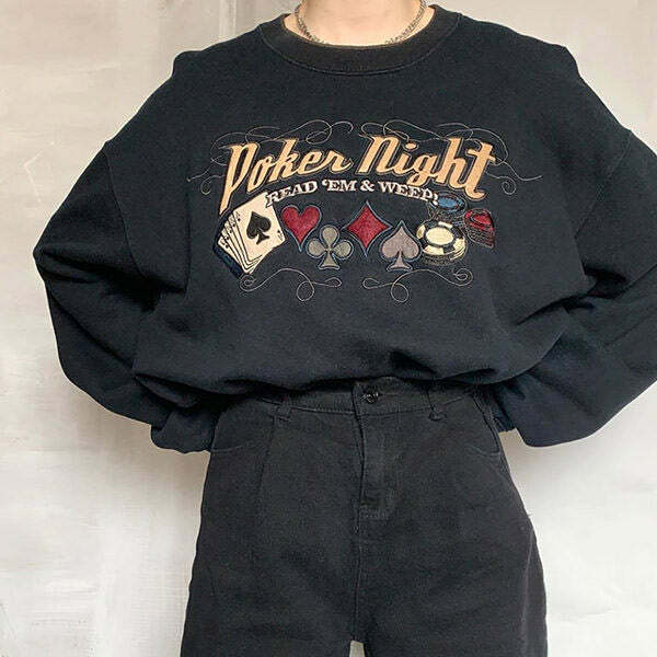 Y2K Aesthetic Poker Night Embroidered Hoodie for Cozy Style