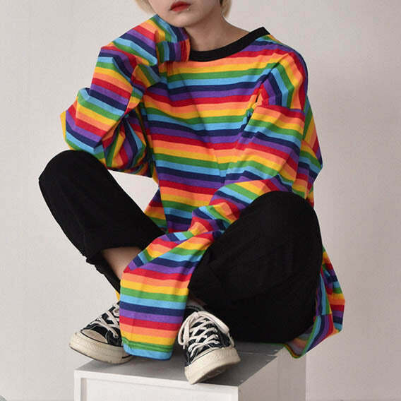 Y2K Aesthetic Rainbow Extra Long Sleeve Tee for Cute Outfits