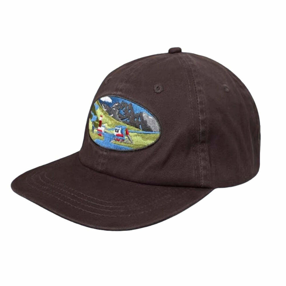 Y2K Aesthetic River Lighthouse Embroidery Cap for Trendy Outfits