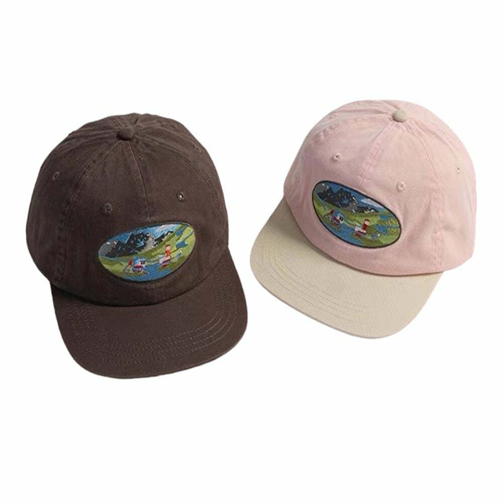 Y2K Aesthetic River Lighthouse Embroidery Cap for Trendy Outfits