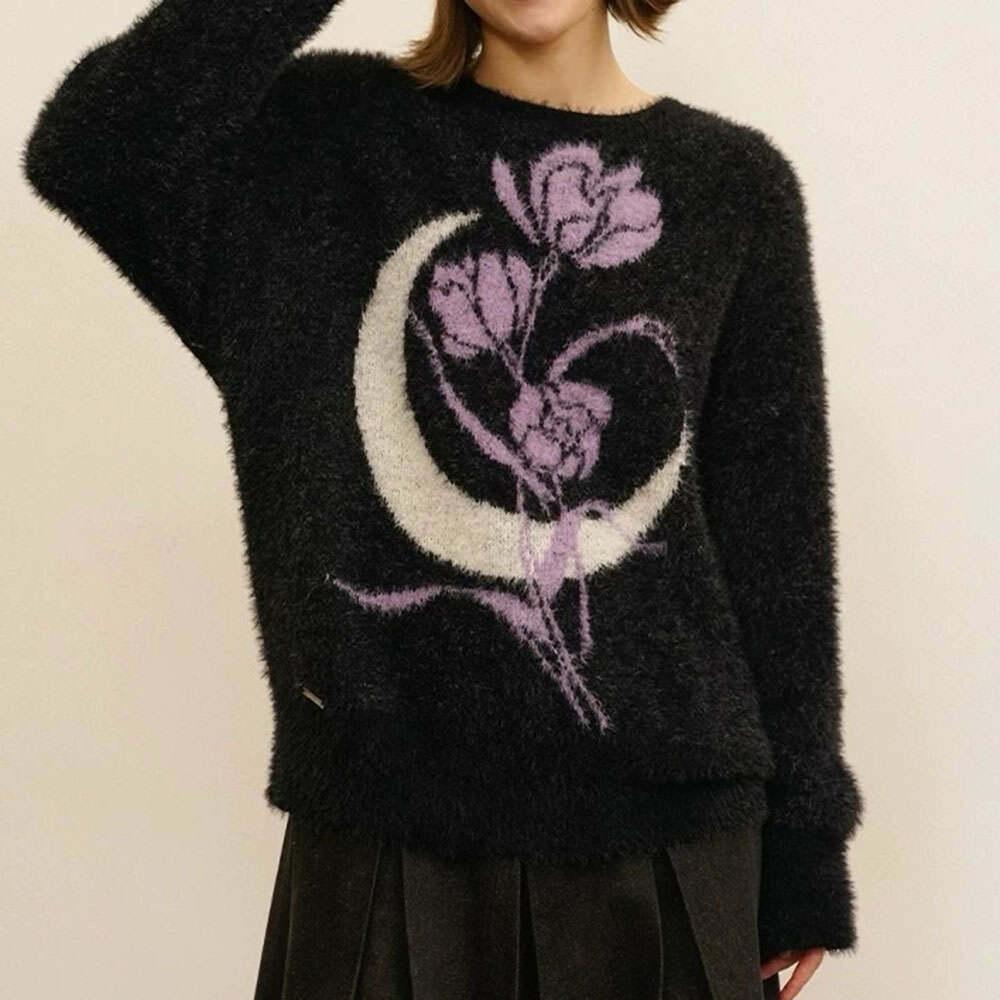 Y2K Aesthetic Rose & Moon Print Sweater for Cozy Fall Vibes