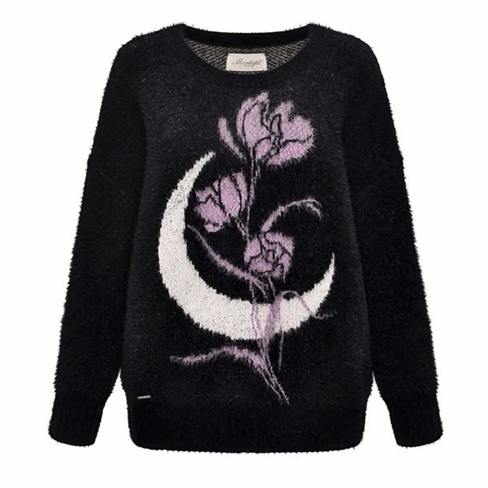 Y2K Aesthetic Rose & Moon Print Sweater for Cozy Fall Vibes