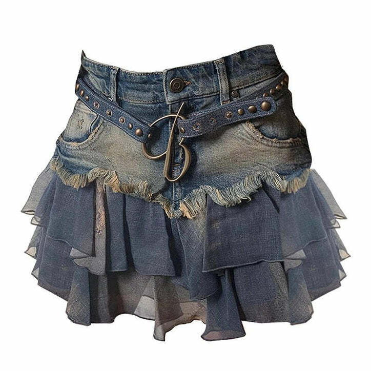 Y2K Aesthetic Ruffled Denim Skirt for Trendy Coquette and Grunge Styles