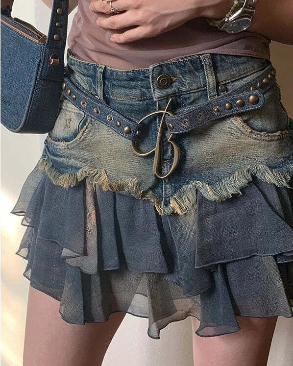 Y2K Aesthetic Ruffled Denim Skirt for Trendy Coquette and Grunge Styles