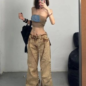 Y2K Aesthetic Sandstone Washed Baggy Jeans for Comfy Grunge Style