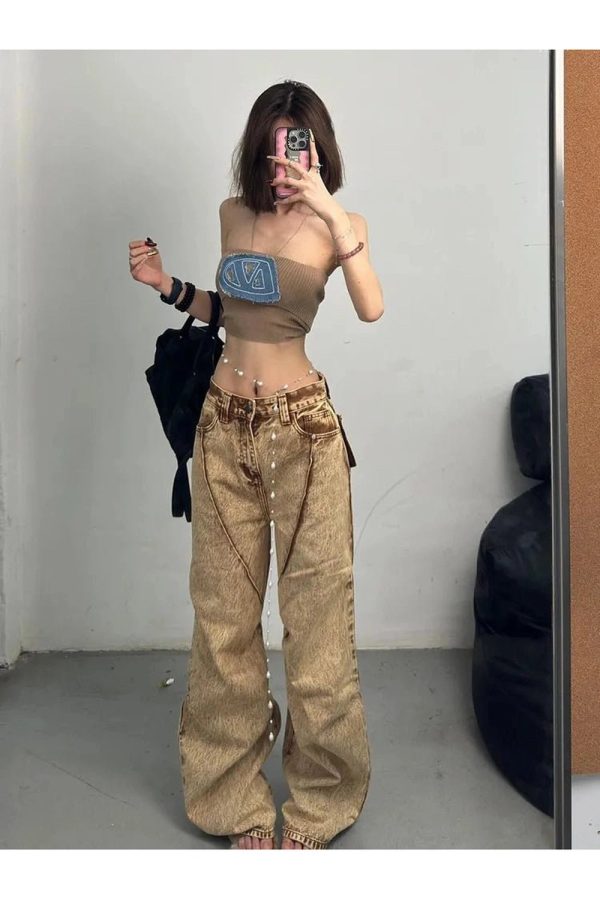 Y2K Aesthetic Sandstone Washed Baggy Jeans for Comfy Grunge Style