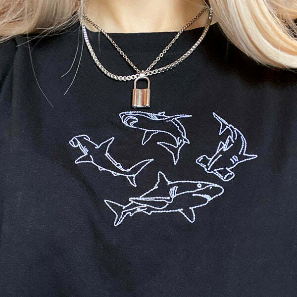 Y2K Aesthetic Shark Embroidered T-Shirt for Cute and Comfy Outfits