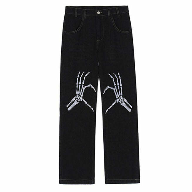 Y2K Aesthetic Skeleton Hands Embroidery Jeans for Grunge Style Lovers