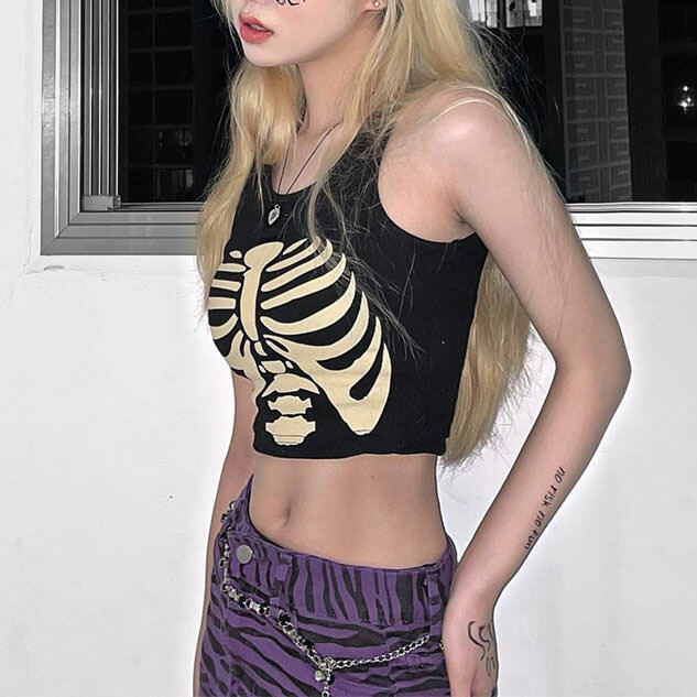 Y2K Aesthetic Skeleton Print Tank Top for Cute Grunge Outfits