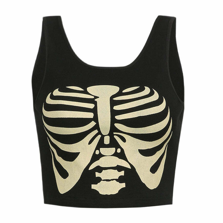 Y2K Aesthetic Skeleton Print Tank Top for Cute Grunge Outfits