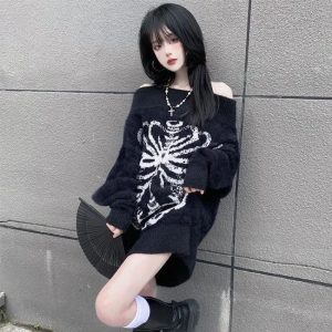 Y2K Aesthetic Skeleton Shadow Oversized Sweater for Cozy Grunge Style