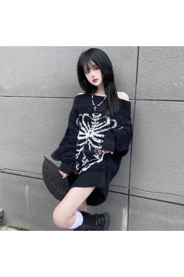 Y2K Aesthetic Skeleton Shadow Oversized Sweater for Cozy Grunge Style