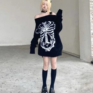 Y2K Aesthetic Skeleton Shadow Oversized Sweater for Cozy Grunge Style