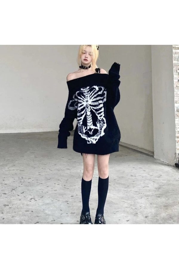 Y2K Aesthetic Skeleton Shadow Oversized Sweater for Cozy Grunge Style