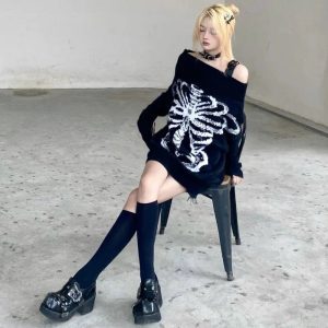 Y2K Aesthetic Skeleton Shadow Oversized Sweater for Cozy Grunge Style