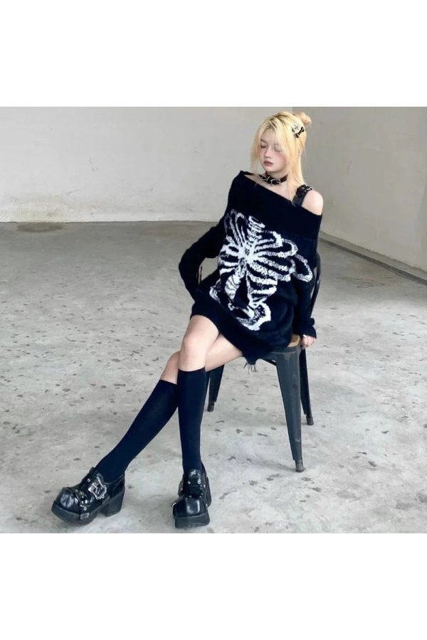 Y2K Aesthetic Skeleton Shadow Oversized Sweater for Cozy Grunge Style