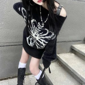 Y2K Aesthetic Skeleton Shadow Oversized Sweater for Cozy Grunge Style