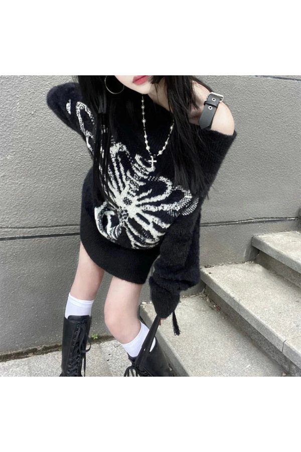 Y2K Aesthetic Skeleton Shadow Oversized Sweater for Cozy Grunge Style