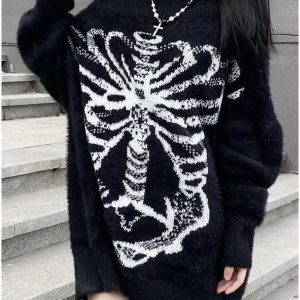 Y2K Aesthetic Skeleton Shadow Oversized Sweater for Cozy Grunge Style