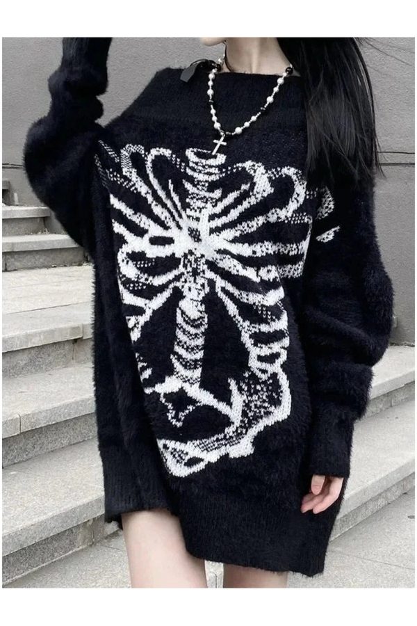 Y2K Aesthetic Skeleton Shadow Oversized Sweater for Cozy Grunge Style