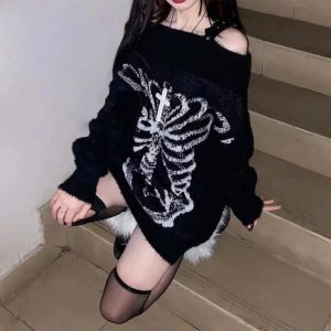 Y2K Aesthetic Skeleton Shadow Oversized Sweater for Cozy Grunge Style