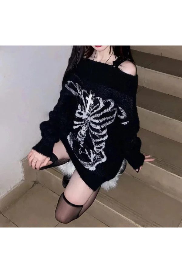 Y2K Aesthetic Skeleton Shadow Oversized Sweater for Cozy Grunge Style