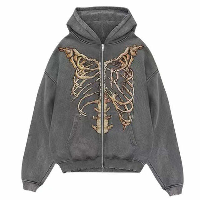 Y2K Aesthetic Skeleton Zip Up Hoodie for Comfy Grunge Style Vibes