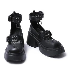 Y2K Aesthetic Spiked Ankle Strap Platform Heels for Grunge Style