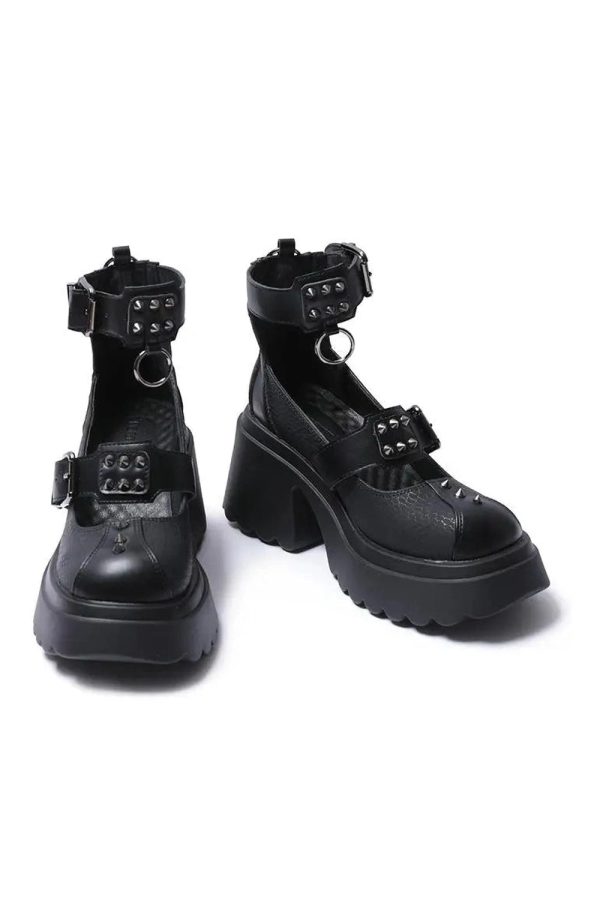 Y2K Aesthetic Spiked Ankle Strap Platform Heels for Grunge Style