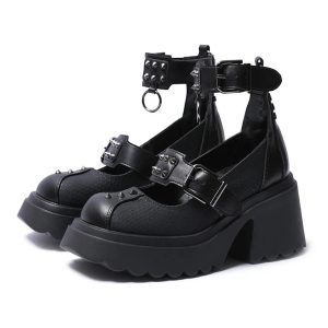 Y2K Aesthetic Spiked Ankle Strap Platform Heels for Grunge Style