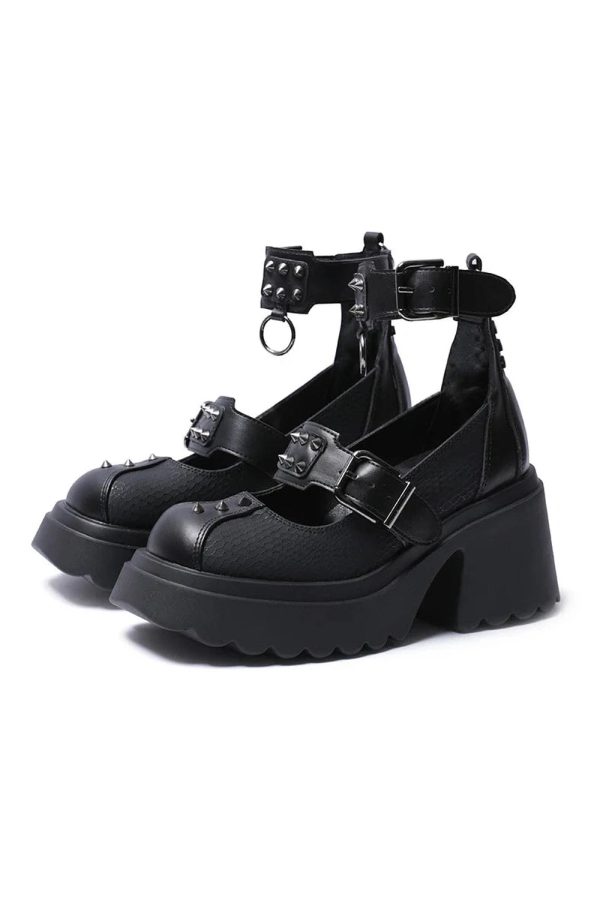 Y2K Aesthetic Spiked Ankle Strap Platform Heels for Grunge Style