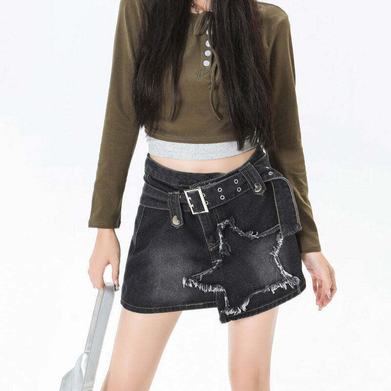 Y2K Aesthetic Star Girl Denim Skirt - Cute Cargo Style for Trendy Looks