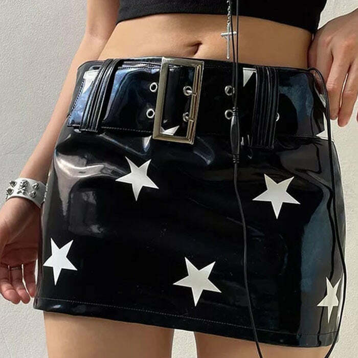 Y2K Aesthetic Star Leather Mini Skirt for Grunge and Coquette Styles