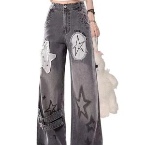 Y2K Aesthetic Star Patchwork Wide-Leg Jeans for Trendy Outfits