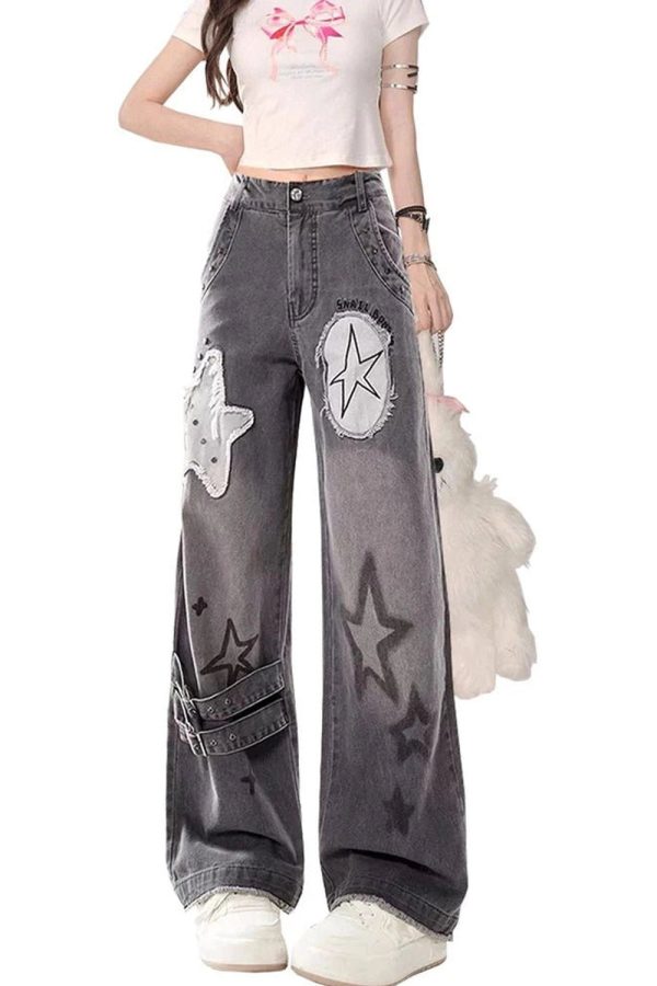 Y2K Aesthetic Star Patchwork Wide-Leg Jeans for Trendy Outfits