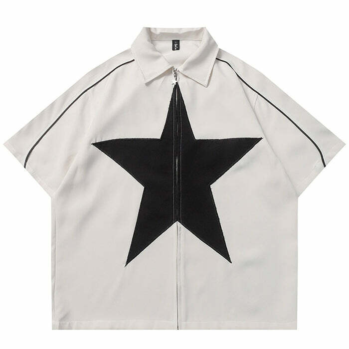 Y2K Aesthetic Star Zip Up Oversized Shirt for Comfy, Cute Outfits