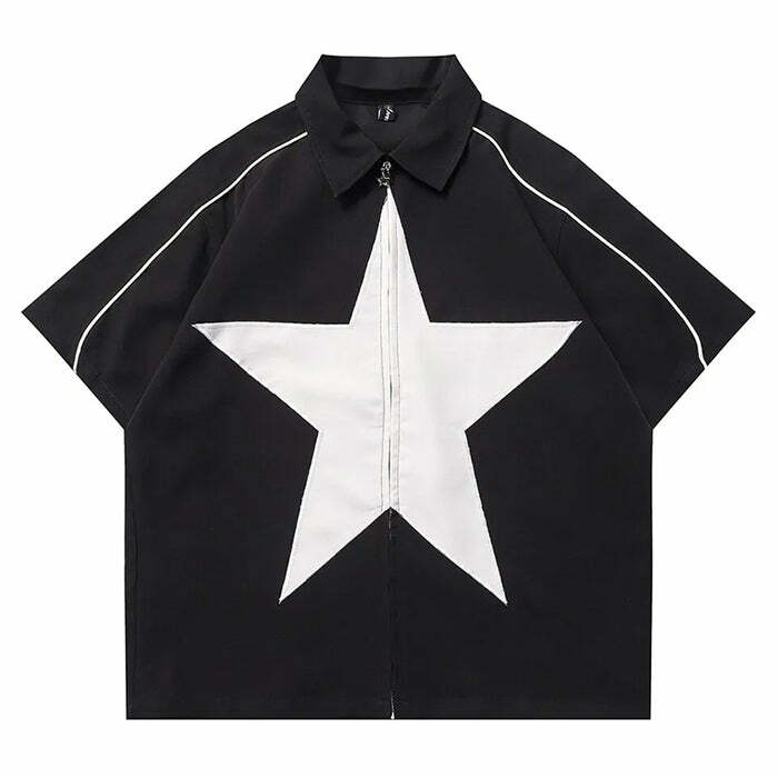 Y2K Aesthetic Star Zip Up Oversized Shirt for Comfy, Cute Outfits