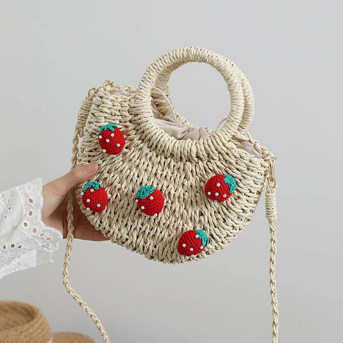 Y2K Aesthetic Strawberry Straw Bag - Cute Coquette Style Accessory