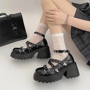 Y2K Aesthetic Studded Wing Accent Platform Shoes for Trendy Outfits