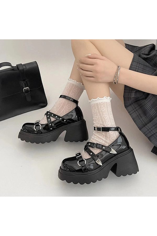 Y2K Aesthetic Studded Wing Accent Platform Shoes for Trendy Outfits