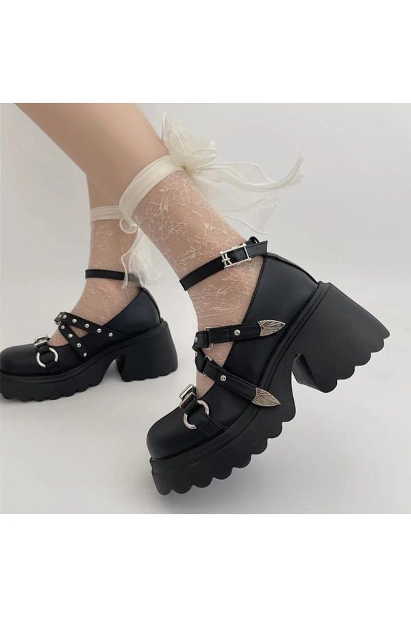 Y2K Aesthetic Studded Wing Accent Platform Shoes for Trendy Outfits