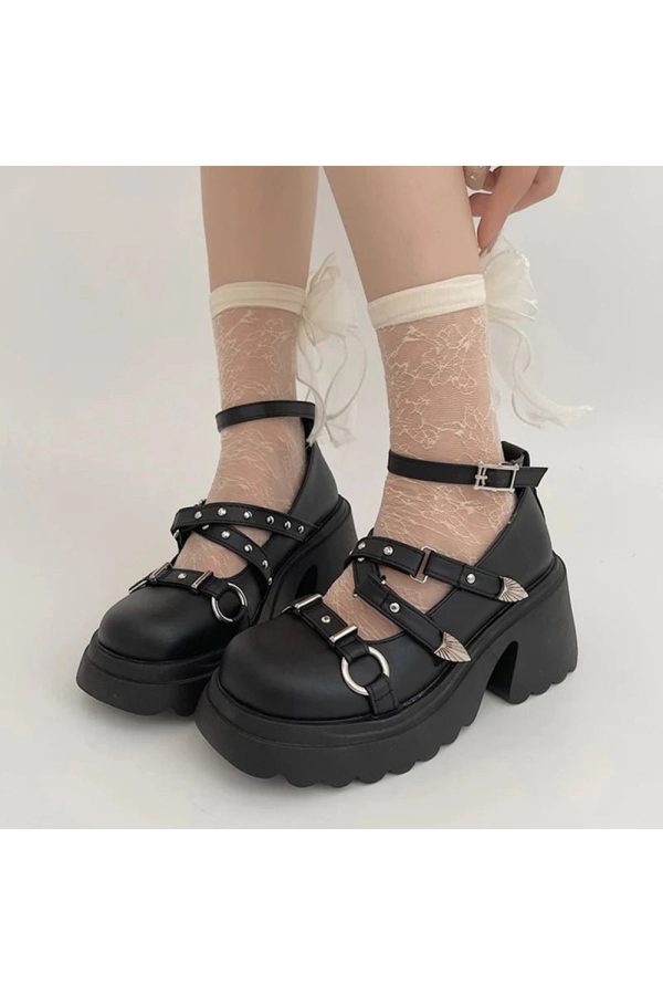 Y2K Aesthetic Studded Wing Accent Platform Shoes for Trendy Outfits