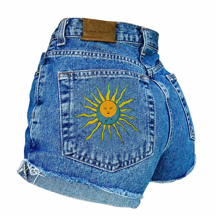 Y2K Aesthetic Sun and Moon Embroidered Shorts for Trendy Outfits